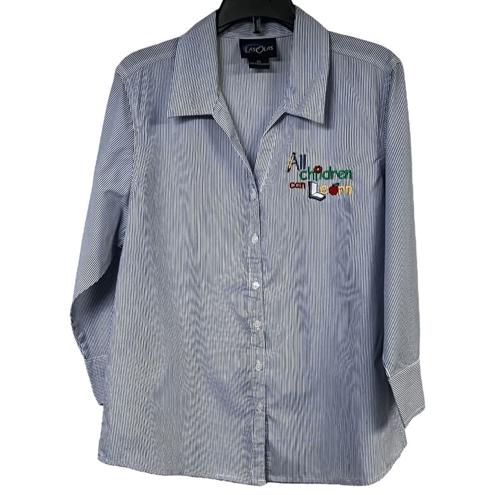 Las Olas‎ Blouse Shirt Top XS Blue White Striped Embroidered Teacher Button Up